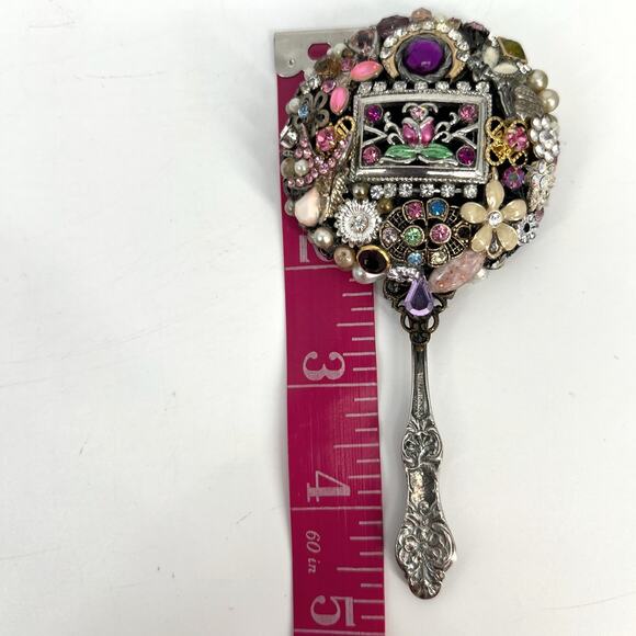 Handcrafted Bejeweled Handheld Mirror Miniature Ladies Mosaic Jewelry Beveled 5" - Picture 8 of 12